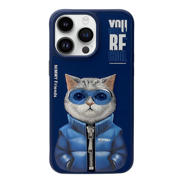 Nimmy Cat Embroidered iPhone 15 Pro Navy Blue Case