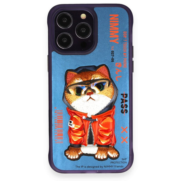Nimmy Cat Embroidered iPhone 14 Pro Max Blue Case