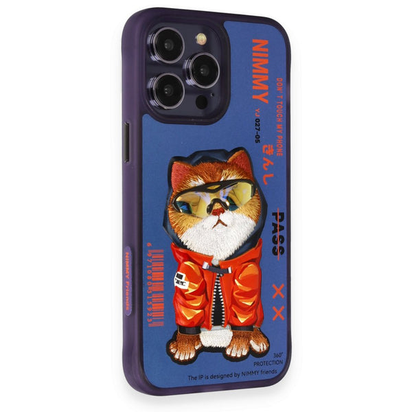 Nimmy Cat Embroidered iPhone 15 Pro Max Blue Case