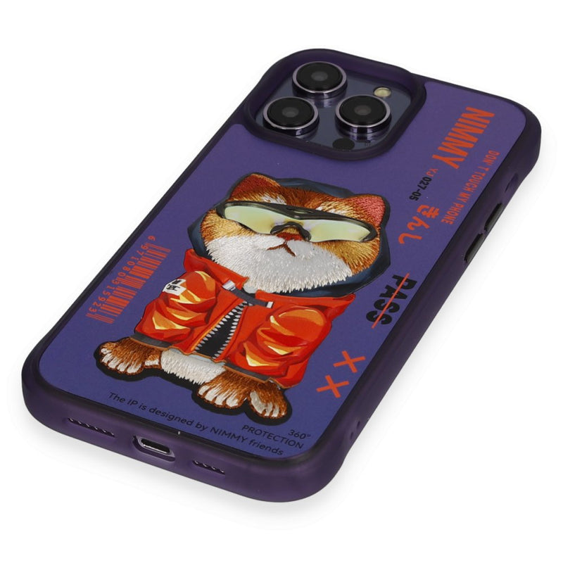 Nimmy Cat Embroidered iPhone 15 Pro Max Blue Case