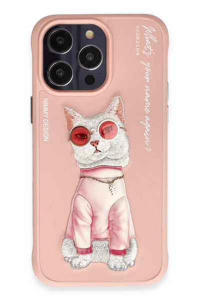 Nimmy Cat Embroidered iPhone 15 Pro Pink Case