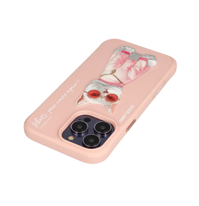 Nimmy Cat Embroidered iPhone 15 Pro Pink Case