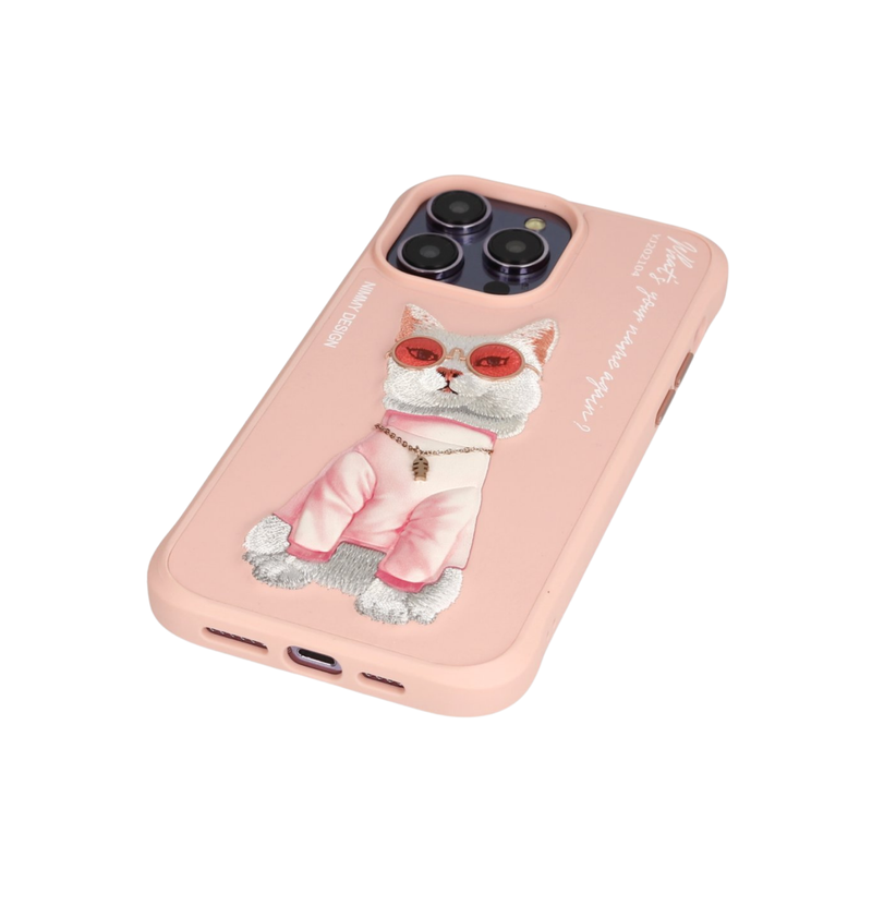 Nimmy Cat Embroidered iPhone 15 Pro Pink Case