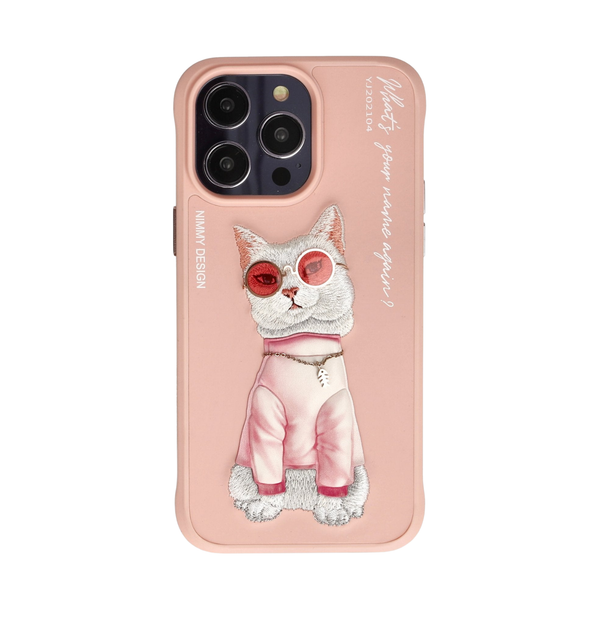 Nimmy Cat Embroidered iPhone 15 Pink Case