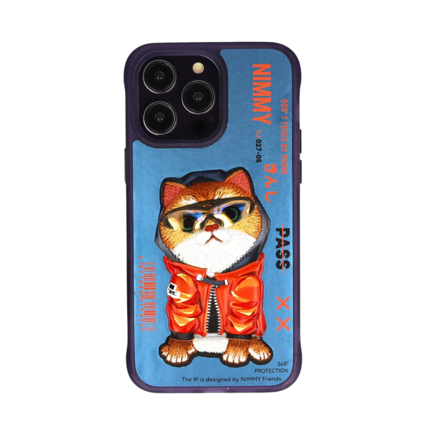 Nimmy Cat Embroidered iPhone 14 Pro Max Blue Case