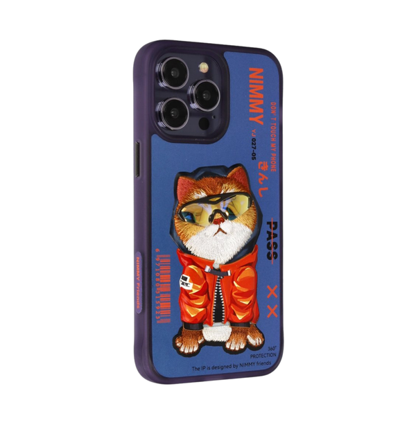 Nimmy Cat Embroidered iPhone 14 Pro Max Blue Case