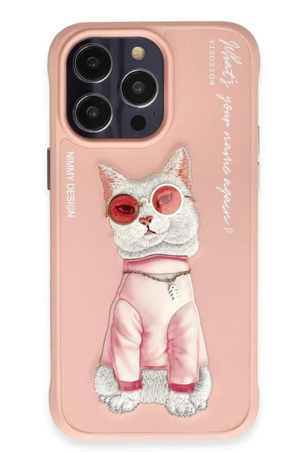 Nimmy Cat Embroidered iPhone 15 Pink Case