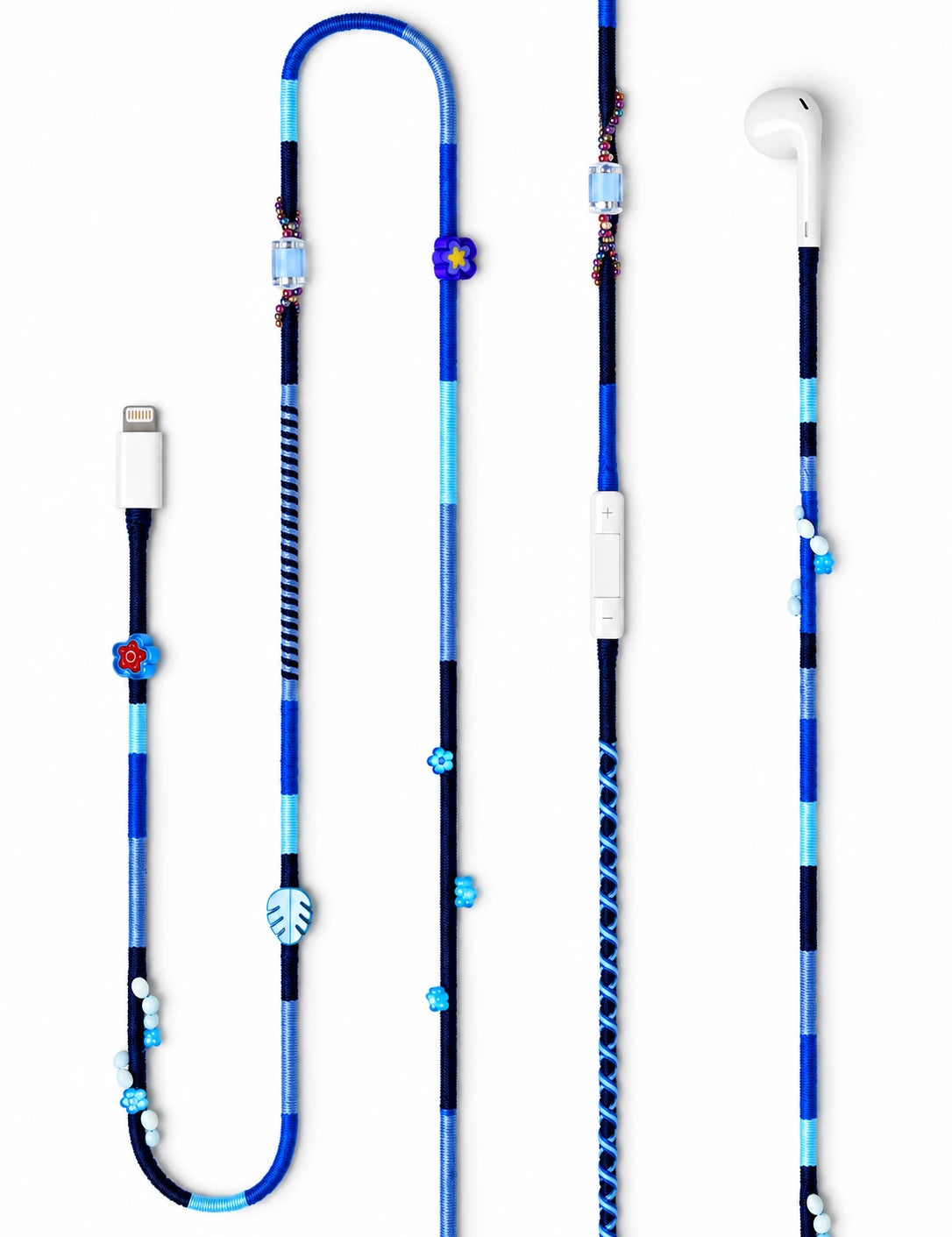 Aegean Beaded Lightning EarPods — handmade Apple Lightning earphones in navy and blue with flower, leaf and shell beads
