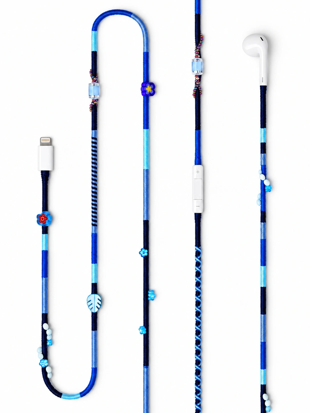 Aegean Beaded Lightning EarPods — handmade Apple Lightning earphones in navy and blue with flower, leaf and shell beads