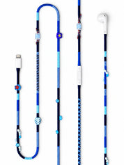 Aegean Beaded Lightning EarPods — handmade Apple Lightning earphones in navy and blue with flower, leaf and shell beads