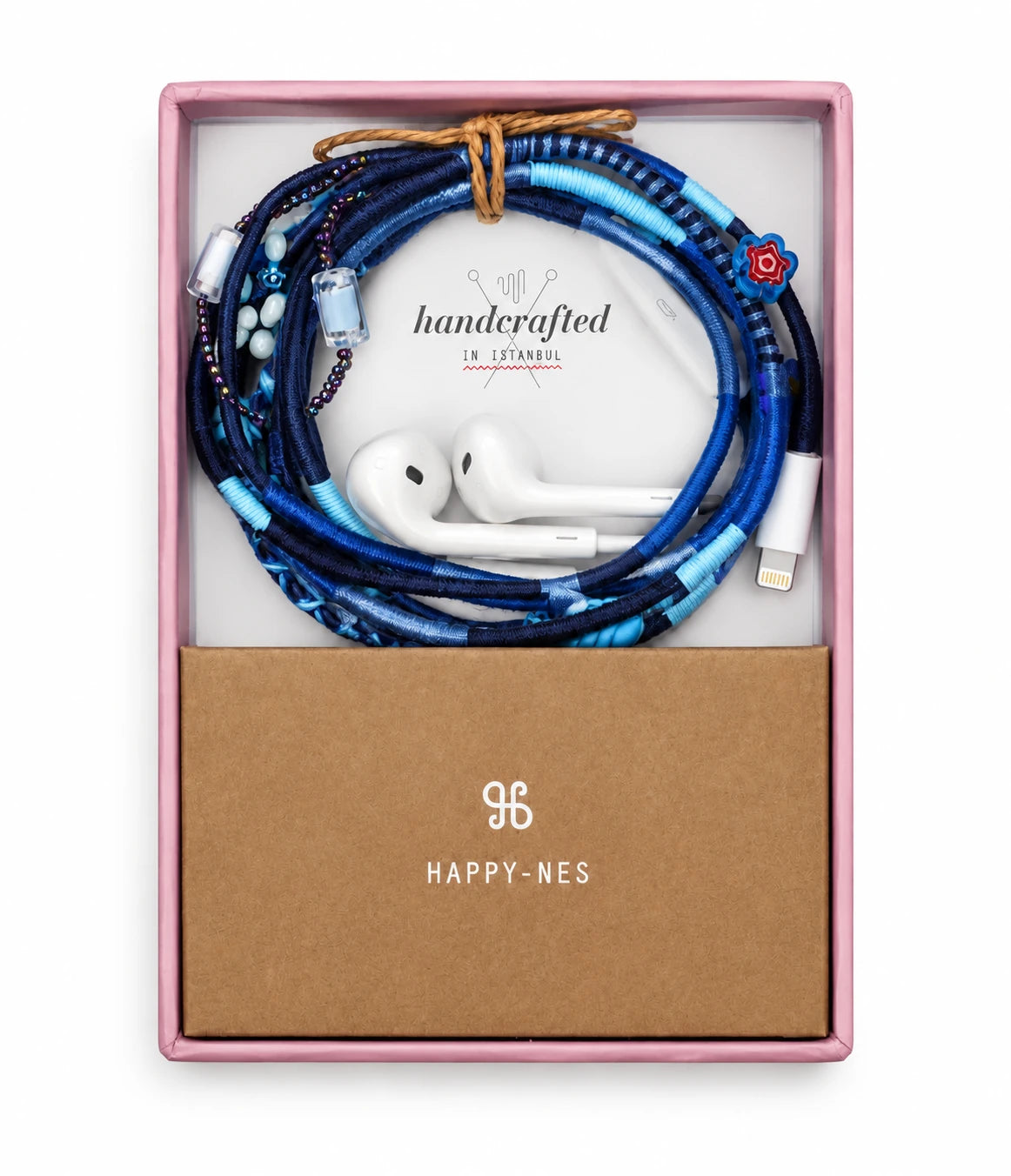 Aegean Beaded Lightning EarPods — handmade Apple Lightning earphones in navy and blue with flower, leaf and shell beads, in Happy-Nes gift box