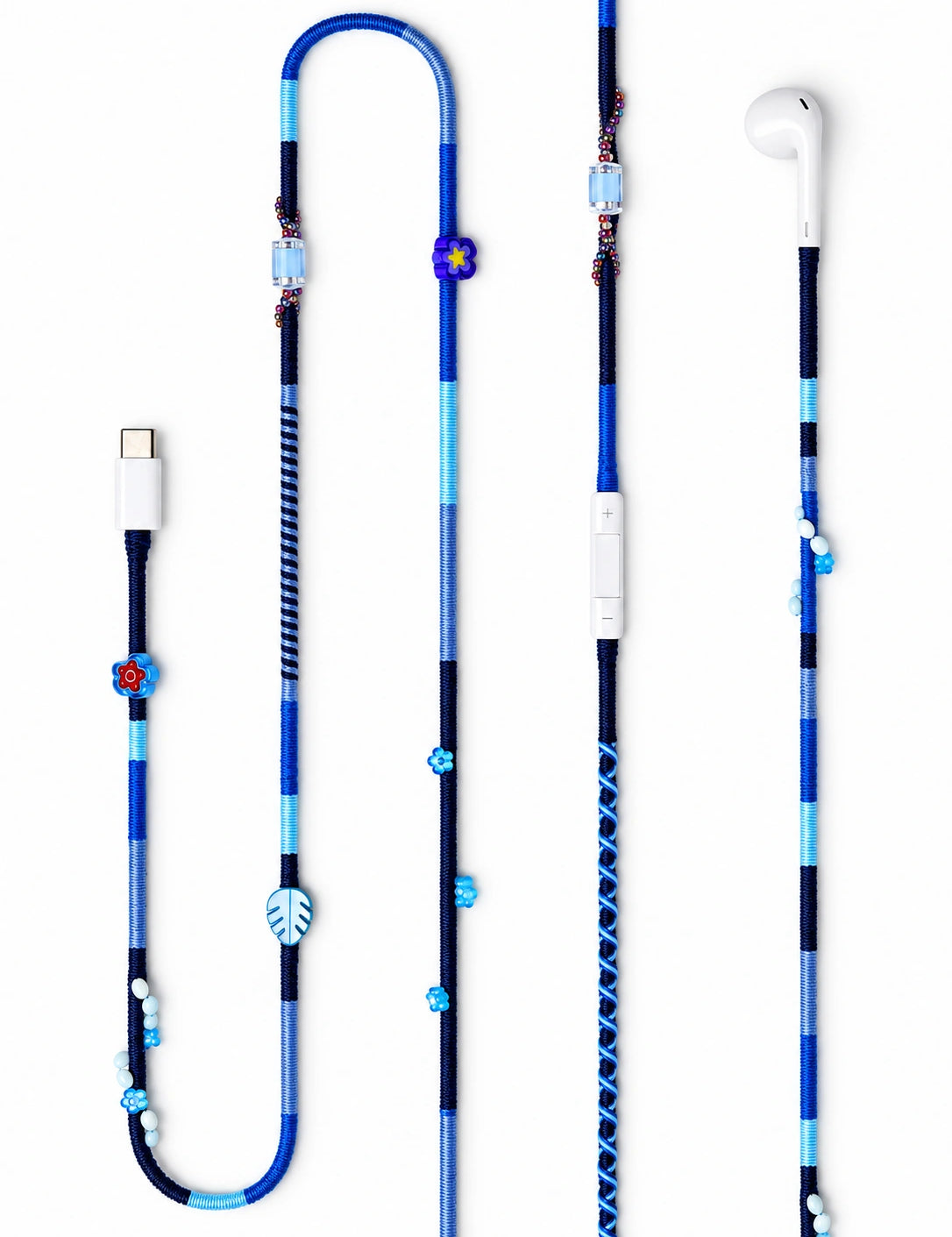 Aegean Beaded USB-C EarPods — handmade Apple USB-C earphones in navy and blue with flower, leaf and shell beads