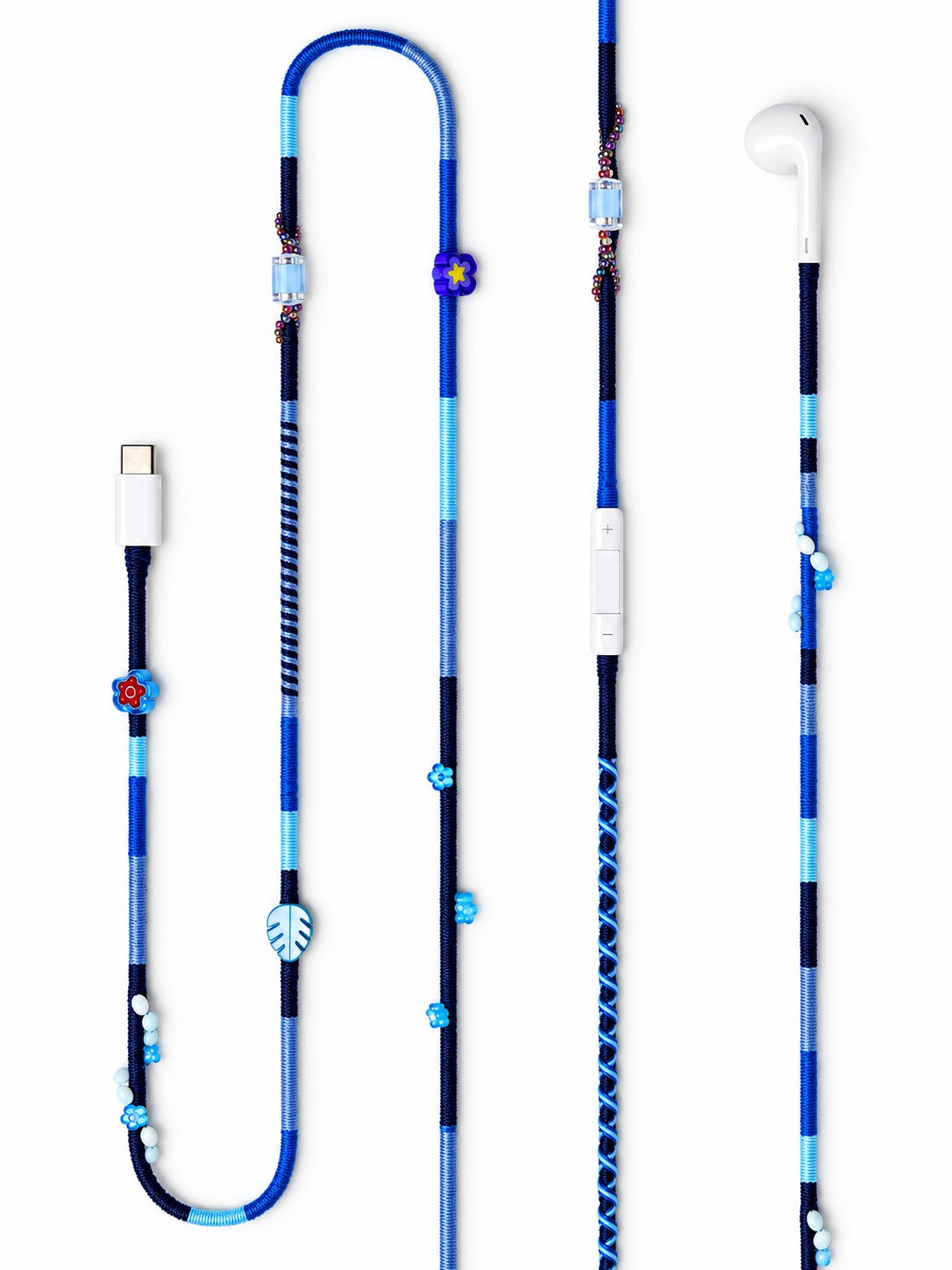 Aegean Beaded USB-C EarPods — handmade Apple USB-C earphones in navy and blue with flower, leaf and shell beads
