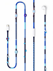 Aegean Beaded USB-C EarPods — handmade Apple USB-C earphones in navy and blue with flower, leaf and shell beads