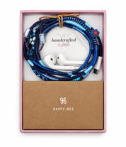 Aegean Beaded USB-C EarPods — handmade Apple USB-C earphones in navy and blue with flower, leaf and shell beads, in Happy-Nes gift box