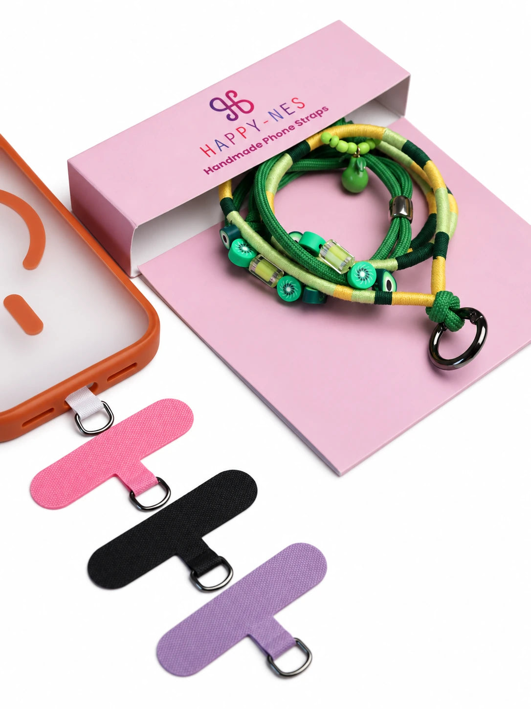 Amalfi handmade phone strap coiled on the pink Happy-Nes gift box