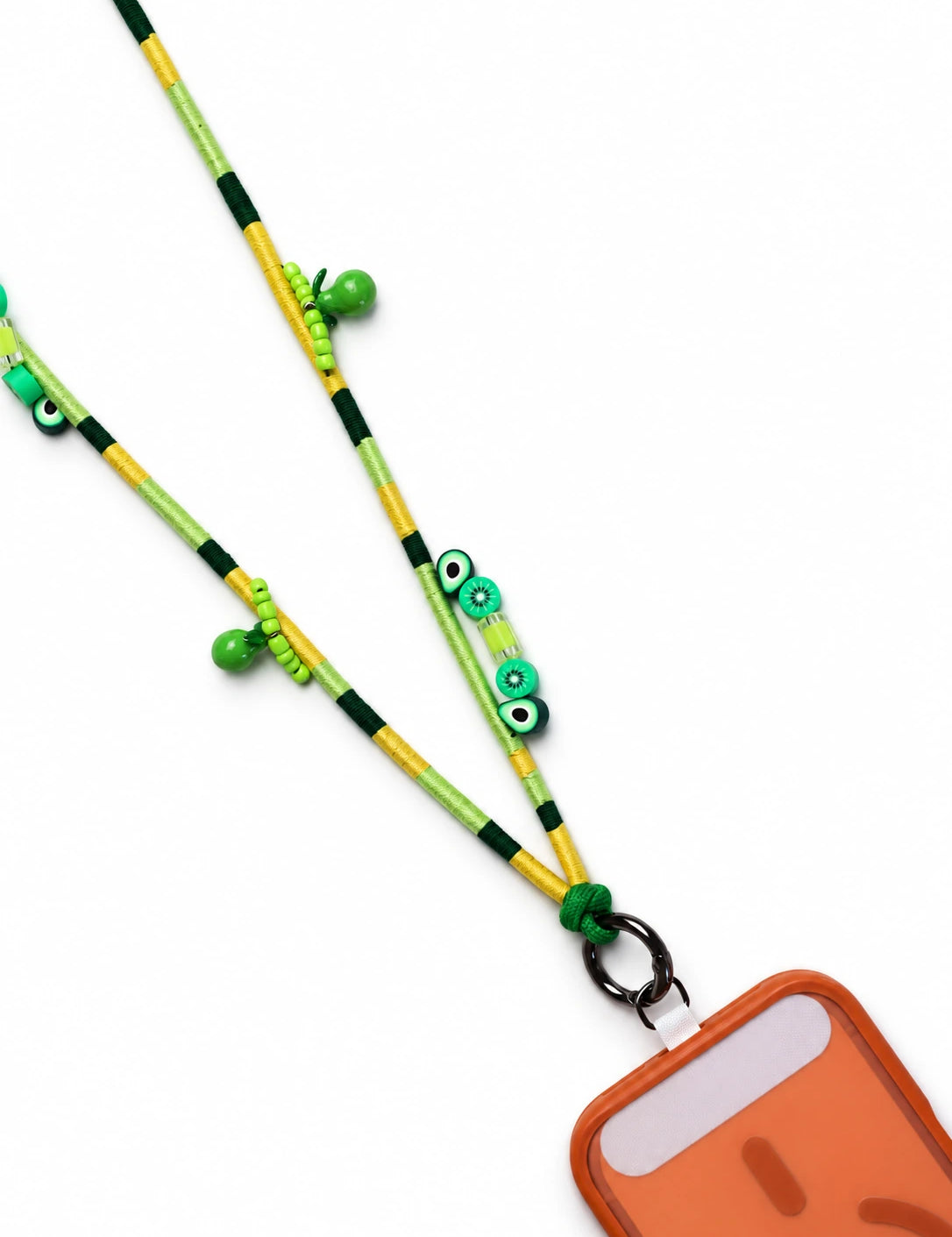 Full length of the Amalfi adjustable phone strap attached to a phone, showing the 95-120 cm crossbody cord