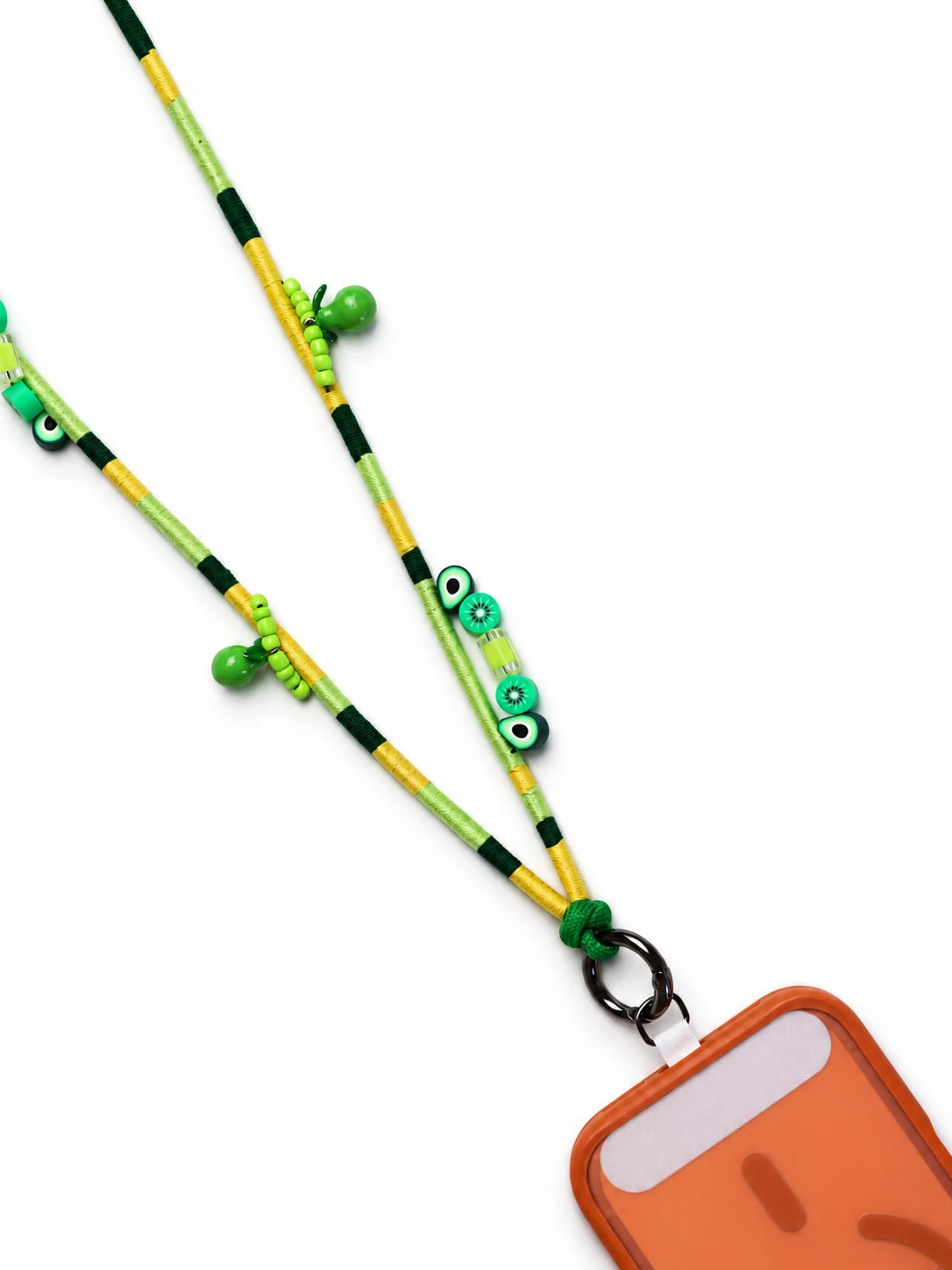 Full length of the Amalfi adjustable phone strap attached to a phone, showing the 95-120 cm crossbody cord
