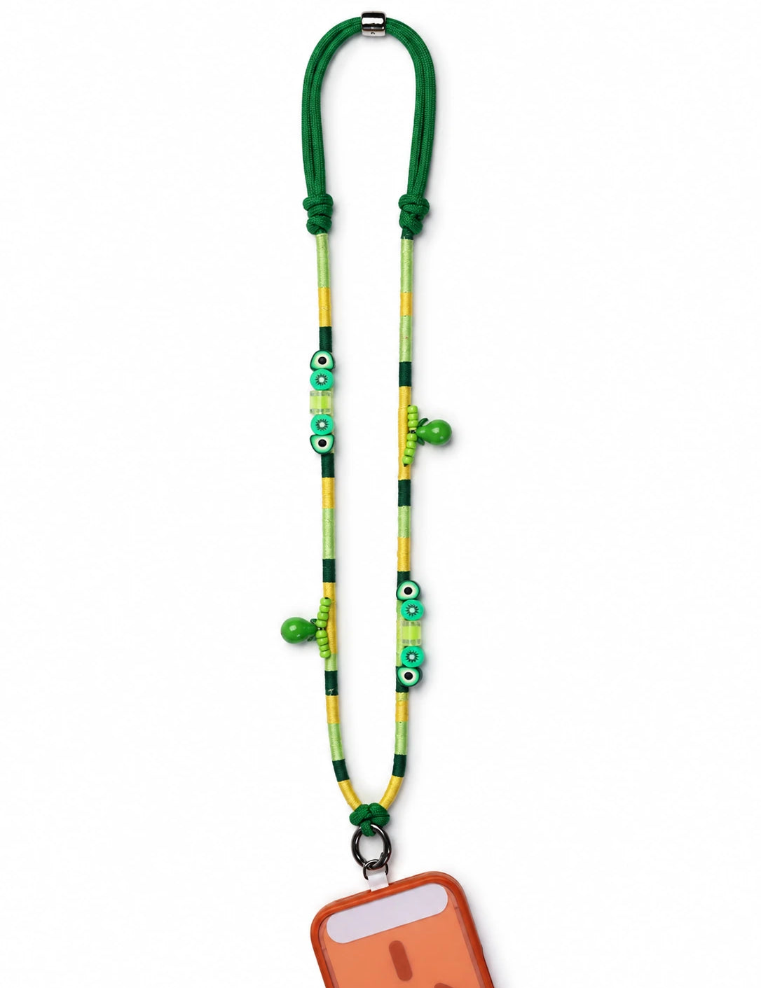 Amalfi handmade phone strap worn crossbody in forest green, lime and gold with kiwi and avocado beads