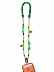 Amalfi handmade phone strap worn crossbody in forest green, lime and gold with kiwi and avocado beads