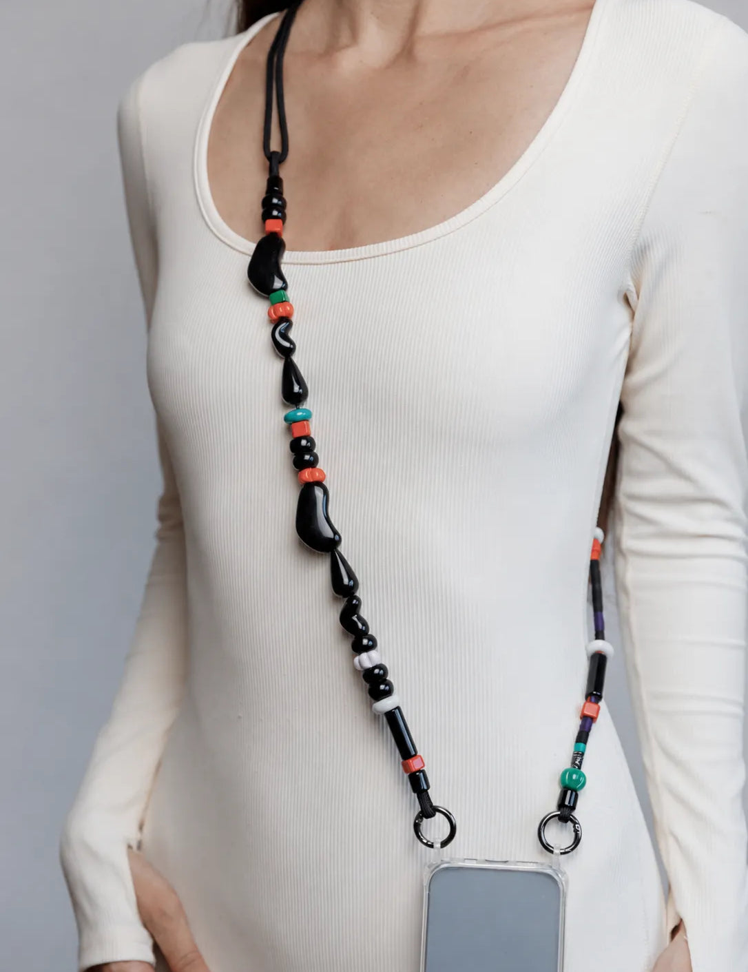 Onyx Adjustable Phone Strap — handmade beaded phone strap in black, hands-free crossbody – photo 2