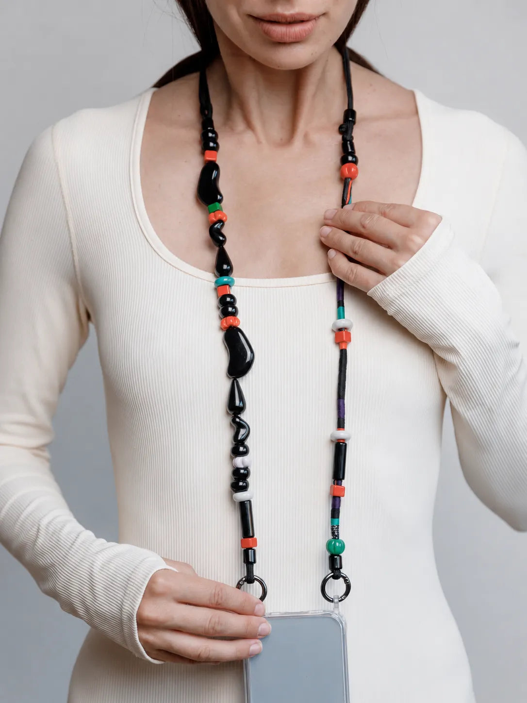 Onyx Adjustable Phone Strap — handmade beaded phone strap in black, hands-free crossbody – photo 3