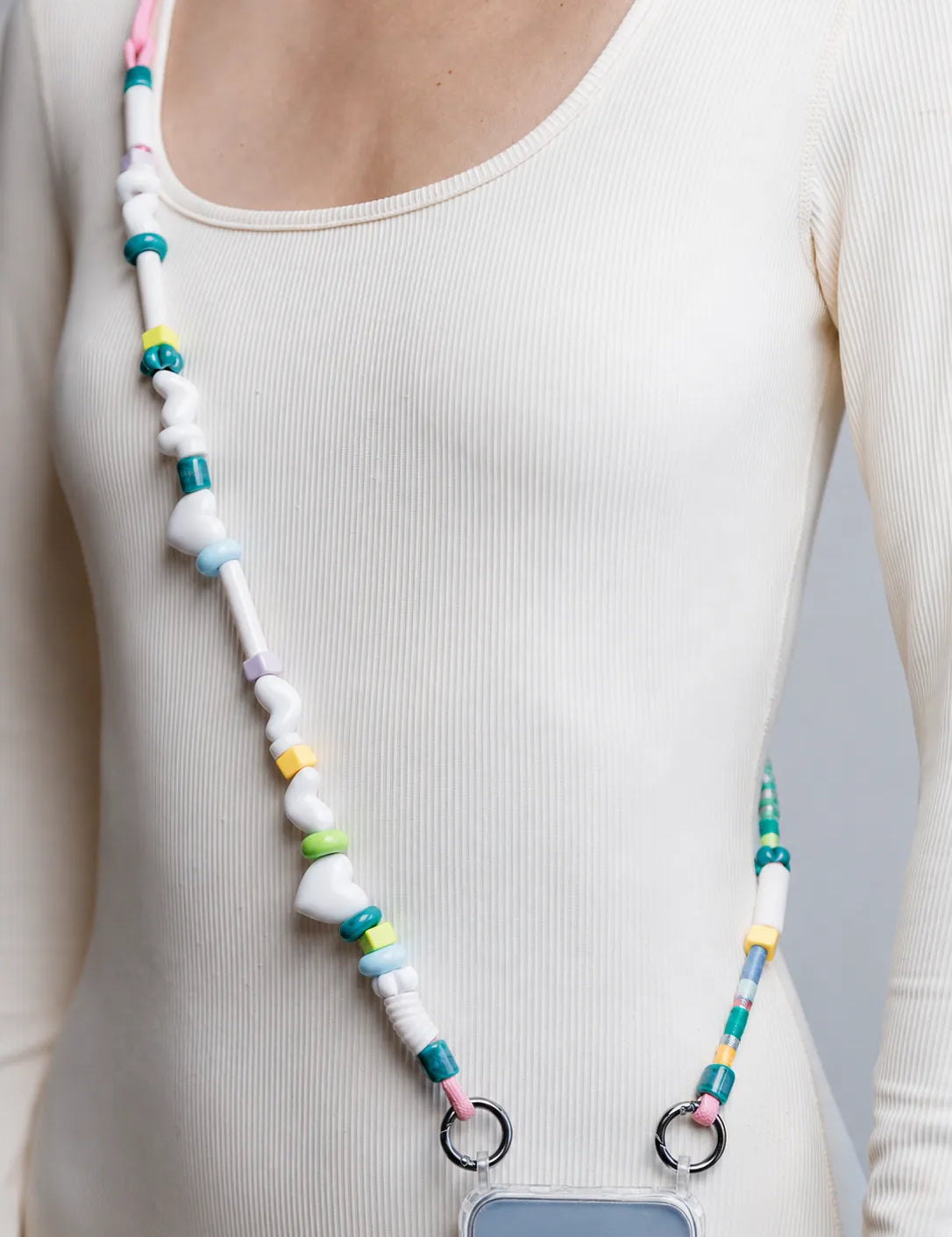Pearl Adjustable Phone Strap — handmade beaded phone strap in white, hands-free crossbody – photo 2