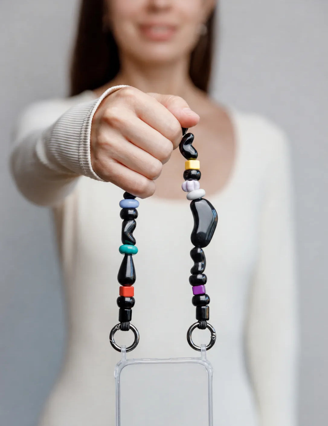Onyx Phone Strap — handmade beaded phone strap in black, hands-free crossbody