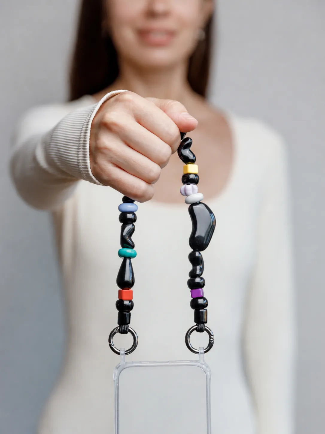 Onyx Phone Strap — handmade beaded phone strap in black, hands-free crossbody