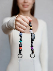 Onyx Phone Strap — handmade beaded phone strap in black, hands-free crossbody