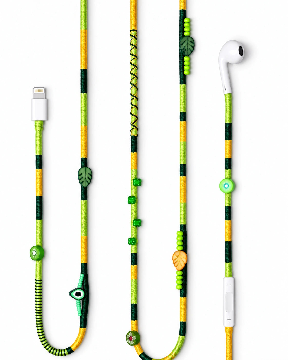 Botanica Beaded Lightning EarPods — handmade Apple Lightning earphones in lime, forest green and yellow with kiwi, leaf and evil-eye beads
