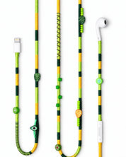 Botanica Beaded Lightning EarPods — handmade Apple Lightning earphones in lime, forest green and yellow with kiwi, leaf and evil-eye beads