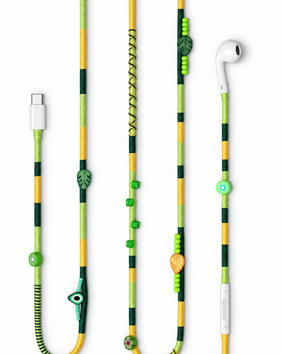 Botanica Beaded USB-C EarPods — handmade Apple USB-C earphones in lime, forest green and yellow with kiwi, leaf and evil-eye beads
