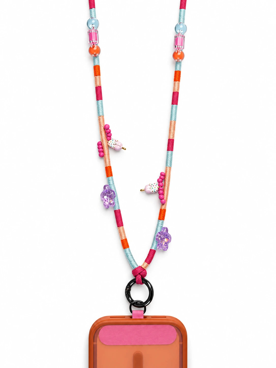 Full length of the Capri adjustable phone strap attached to a phone, showing the 95-120 cm crossbody cord
