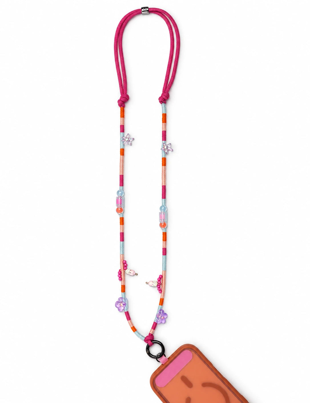 Close-up of the black O-ring and knot on the Capri phone strap with violet flower and ice cream beads