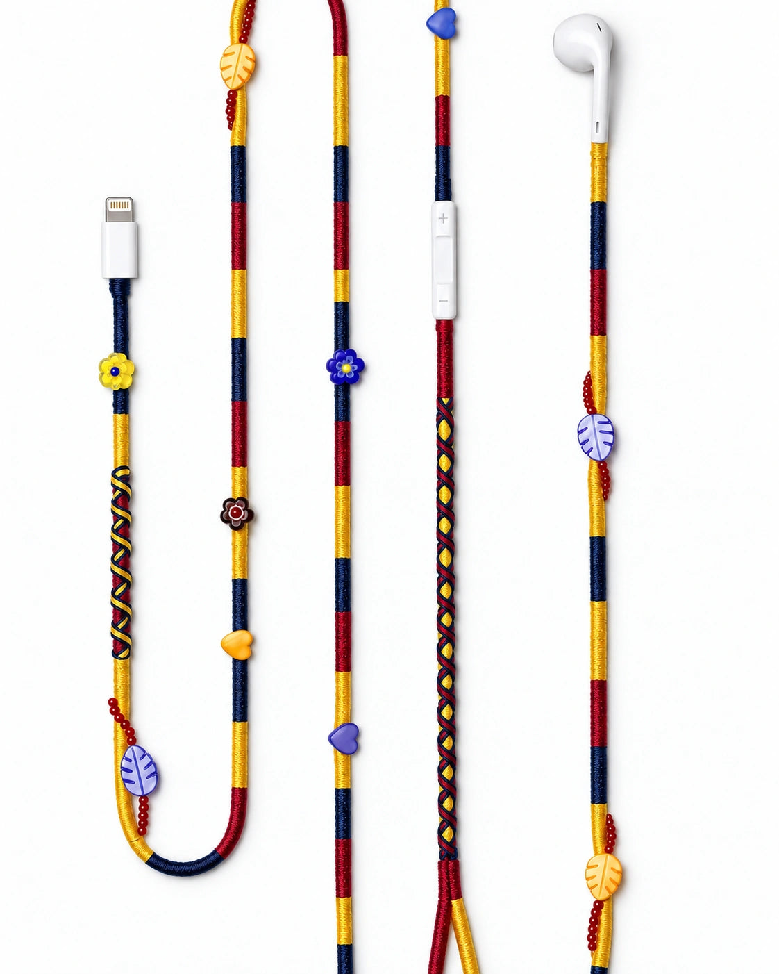 Carnival Beaded Lightning EarPods — handmade Apple Lightning earphones in yellow, navy and burgundy with flower, heart and leaf beads