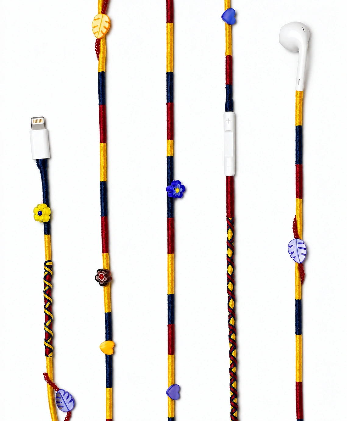 Carnival Beaded Lightning EarPods — handmade Apple Lightning earphones in yellow, navy and burgundy with flower, heart and leaf beads – photo 2
