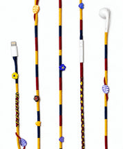 Carnival Beaded Lightning EarPods — handmade Apple Lightning earphones in yellow, navy and burgundy with flower, heart and leaf beads – photo 2