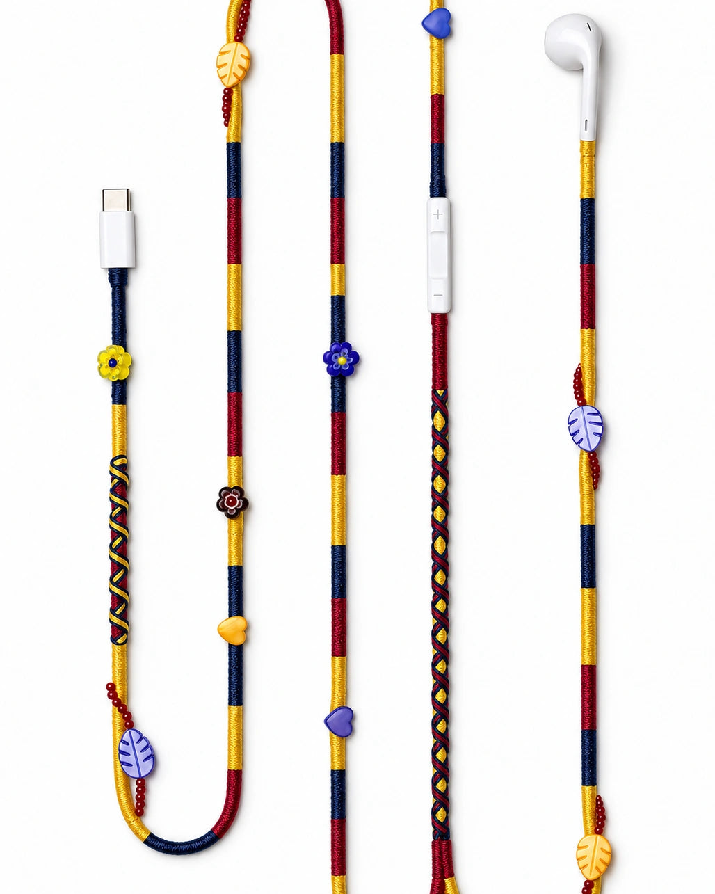 Carnival Beaded USB-C EarPods — handmade Apple USB-C earphones in yellow, navy and burgundy with flower, heart and leaf beads