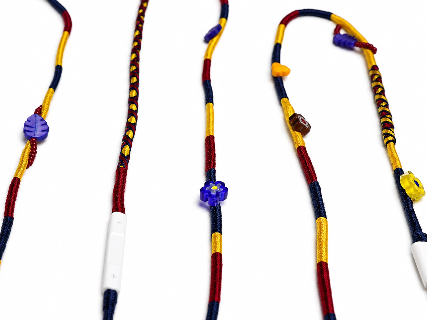 Carnival Beaded USB-C EarPods — handmade Apple USB-C earphones in yellow, navy and burgundy with flower, heart and leaf beads – photo 5