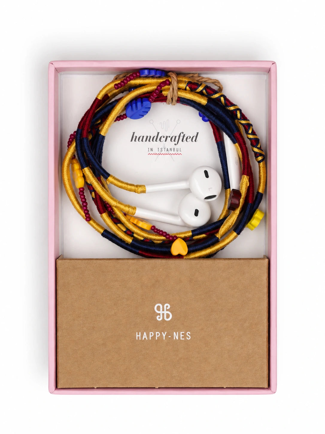 Carnival Beaded USB-C EarPods — handmade Apple USB-C earphones in yellow, navy and burgundy with flower, heart and leaf beads, in Happy-Nes gift box