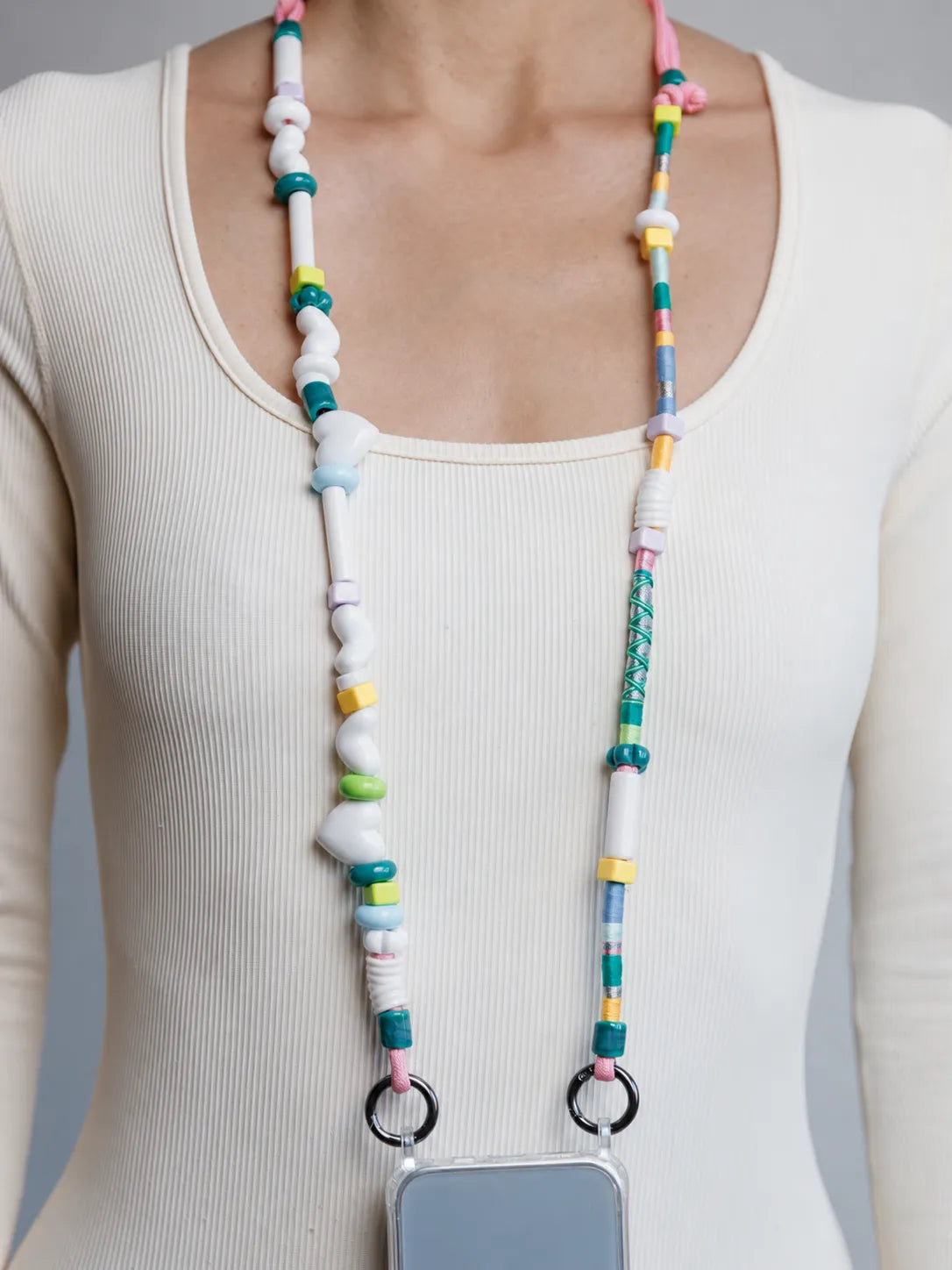 Pearl Adjustable Phone Strap — handmade beaded phone strap in white, hands-free crossbody – photo 3