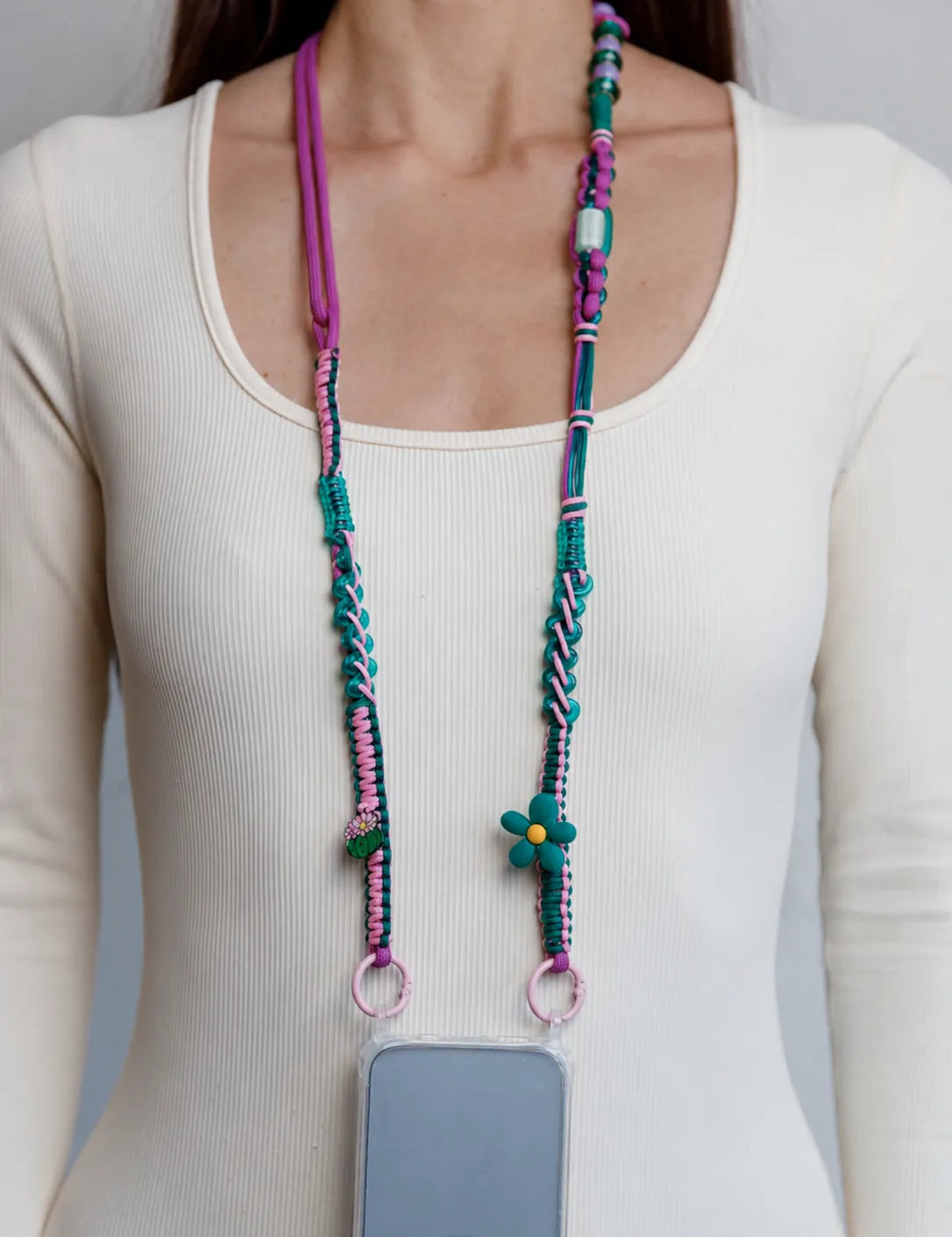 Jungle Pop Phone Strap — handmade beaded phone strap in pink, hands-free crossbody