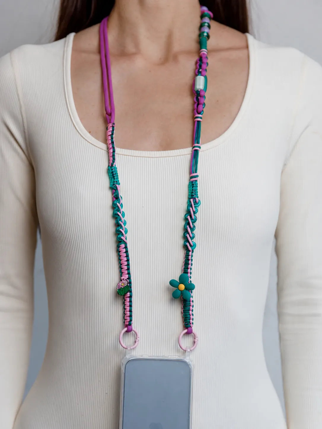 Jungle Pop Phone Strap — handmade beaded phone strap in pink, hands-free crossbody