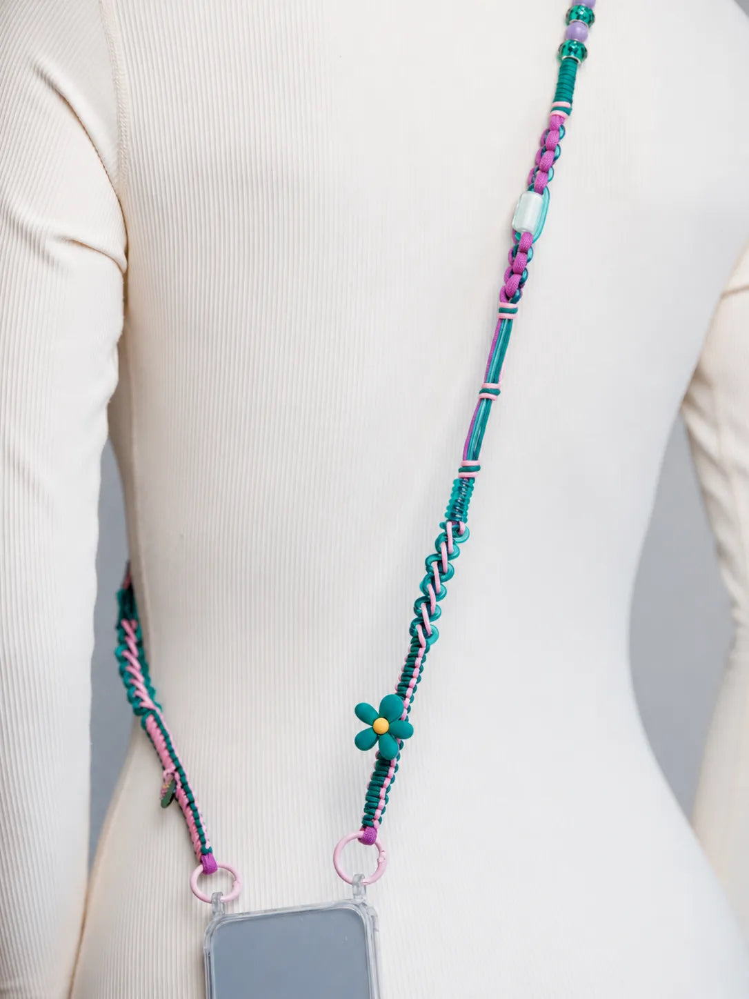 Jungle Pop Phone Strap — handmade beaded phone strap in pink, hands-free crossbody – photo 6