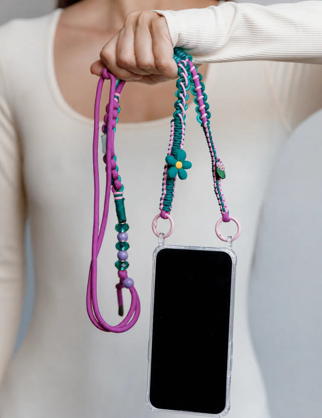 Jungle Pop Phone Strap — handmade beaded phone strap in pink, hands-free crossbody – photo 2