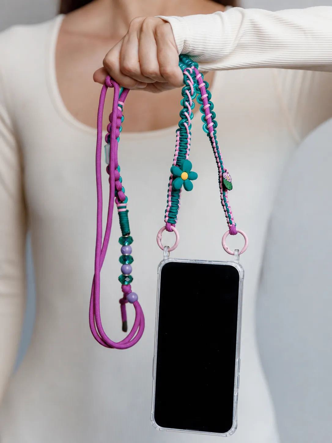 Jungle Pop Phone Strap — handmade beaded phone strap in pink, hands-free crossbody – photo 2