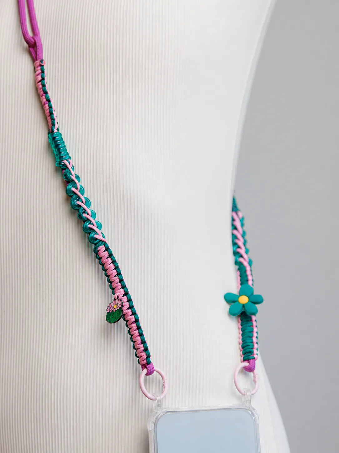 Jungle Pop Phone Strap — handmade beaded phone strap in pink, hands-free crossbody – photo 7
