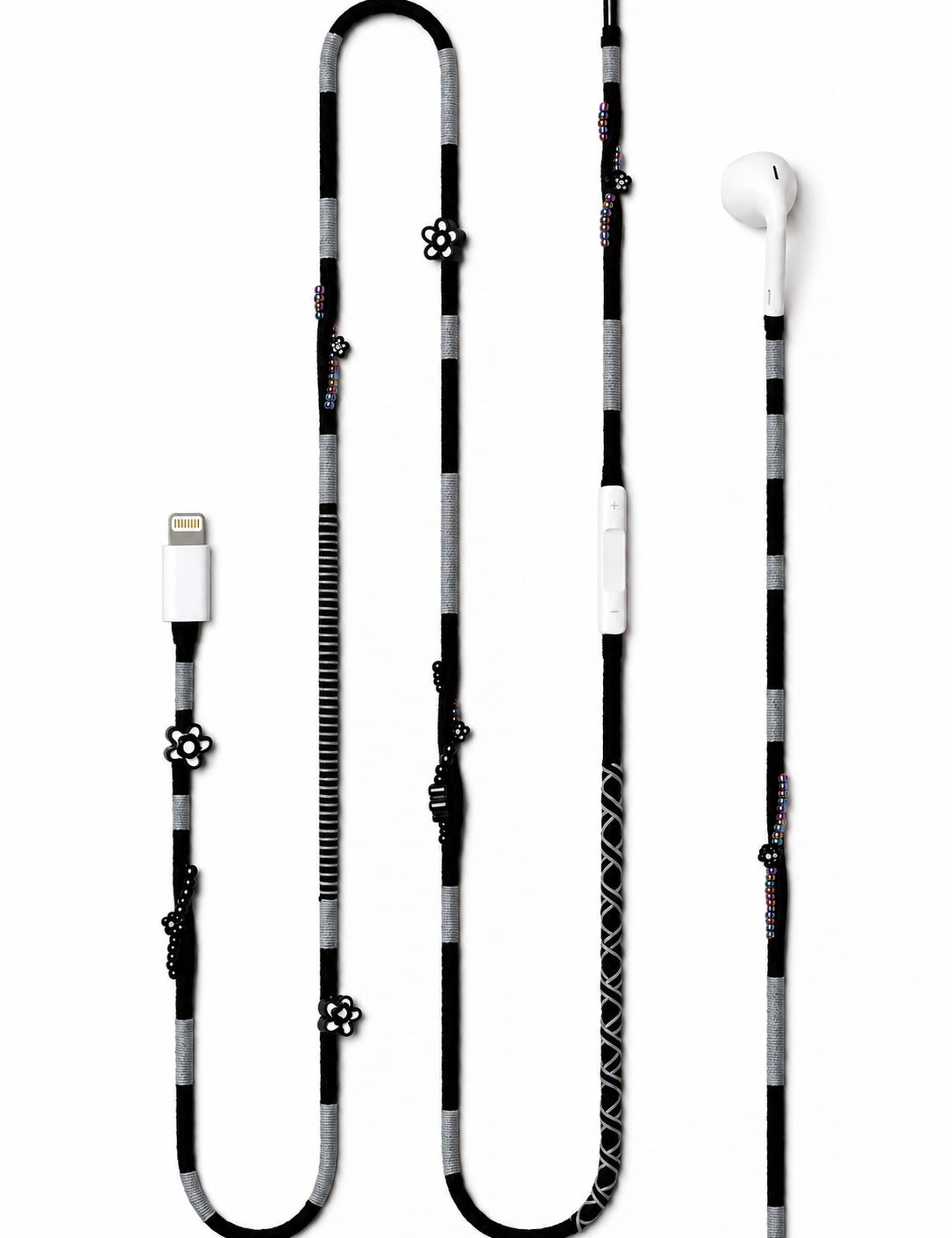 Domino Beaded Lightning EarPods — handmade Apple Lightning earphones in black and grey with flower and seed beads