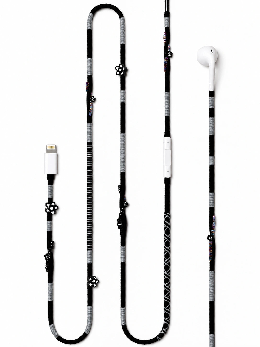 Domino Beaded Lightning EarPods — handmade Apple Lightning earphones in black and grey with flower and seed beads